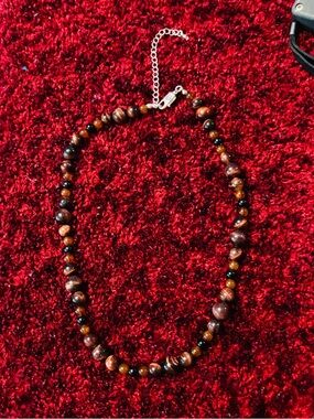 Vintage Etienne Aigner signed Tigers Eye and Black Agate Necklace  $14
